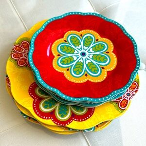 7 pc set Pier One Imports Melamine Dinner Plates Salad Sunny Bright Paisley GUC